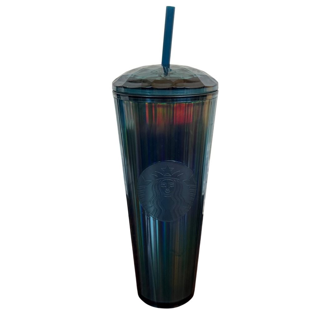 Starbucks 24oz Iridescent Turquoise Prism Cold Cup Tumbler w/ Straw Ltd Edition